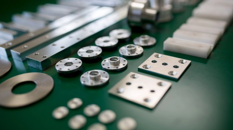 様々な形状の精密金属部品が整然と並べられた様子