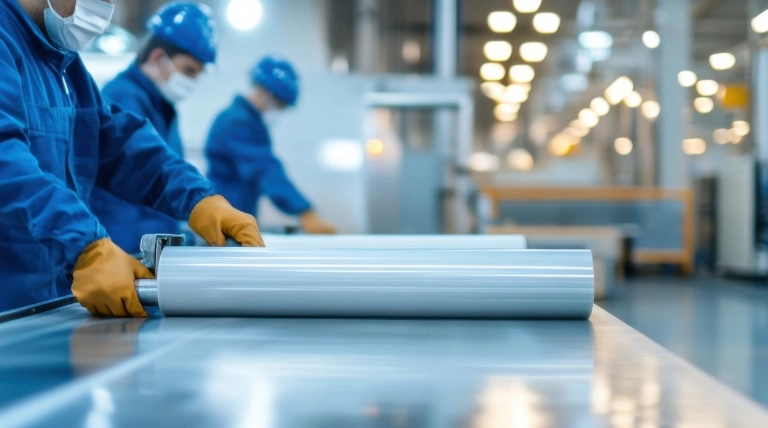 テフロンコーティングされた金属ロールを扱う作業員がいる工場風景